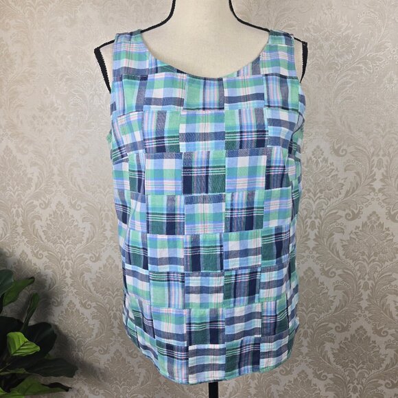 Talbots Size Small Plaid Patchwork Sleeveless Top Blue Green White Back Buttons - Picture 1 of 13